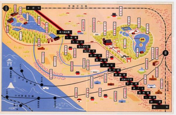 昭和10～12年頃の帝都電鉄路線図　パステルライン提供 　　右側の水色の部分（お堀の絵）の一部（豆汽車、豆自動車と記された辺り）が大宮公園