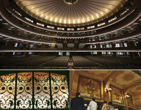 上：大聖堂内は４階から７階まで約4000名収容できる<br>左下：インドの「ジャータカ物語」をかたどった光取り窓<br>右下：三菩薩の漆絵は名匠・故辻光典氏の作