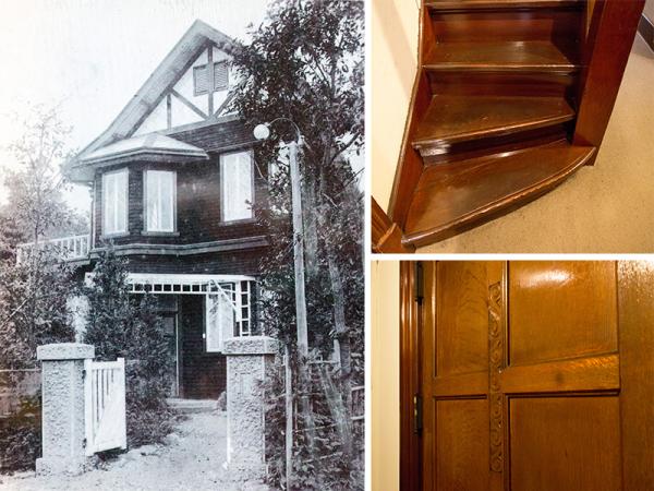左：1924（大正13）年の創建当時の門<br>右上：分厚い無垢（むく）の階段<br>右下：彫刻が施された扉