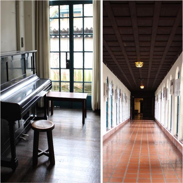 左：松任谷由実さんも使っていた練習室<br>右：高校校舎と礼拝堂をつなぐ廊下