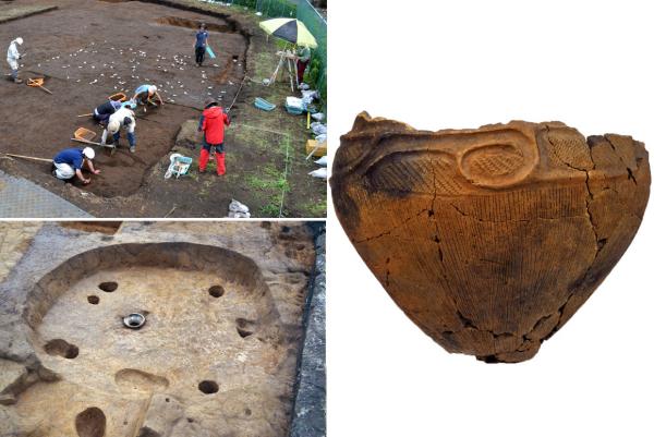 写真左上：「谷戸遺跡」の発掘風景、左下：住居跡、右：出土した土器（写真提供：生涯学習推進課）
