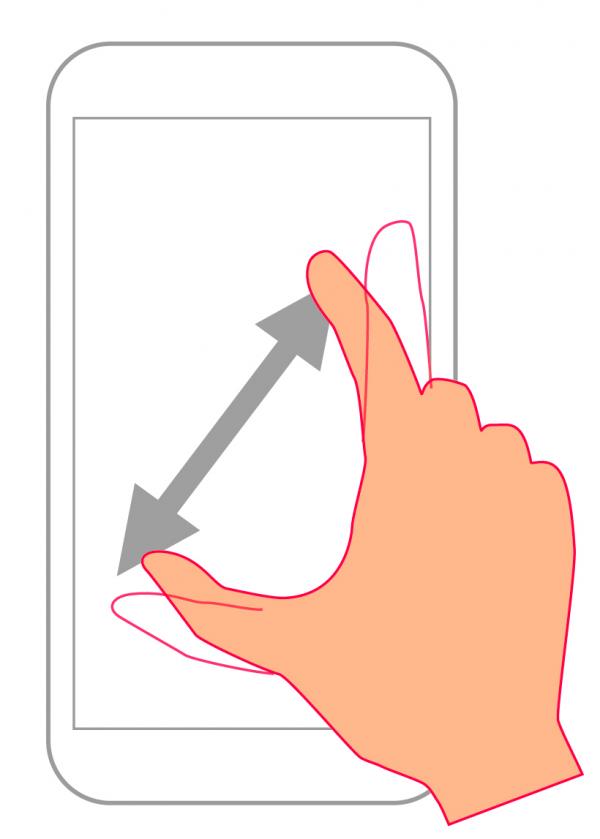 （図）拡大したい画像上で、指を開いて拡大する。縮小する場合は指の間を狭める