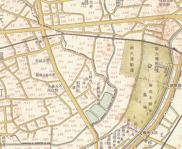 昭和10年頃の地図には、永福寺の東側に大きな養魚場が記されている（出典：「最新杉並区明細地図 昭和12年」）