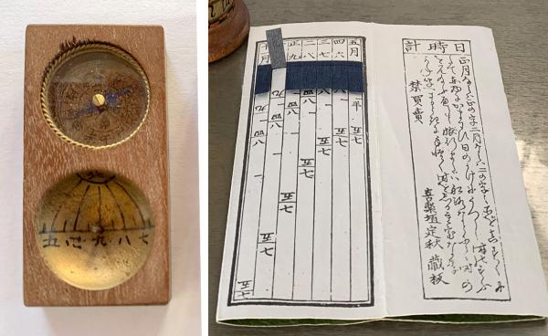 木や紙でできた江戸時代の携帯型日時計。軽くて持ち運びやすい