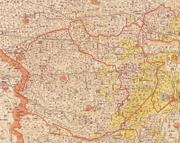 「戦火焼失区域表示 最新東京詳細地図」の杉並区・中野区付近。地図上の黄色部分が焼失地域