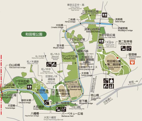 広域にまたがる和田堀公園の東に位置する（資料提供：善福寺川緑地サービスセンター）