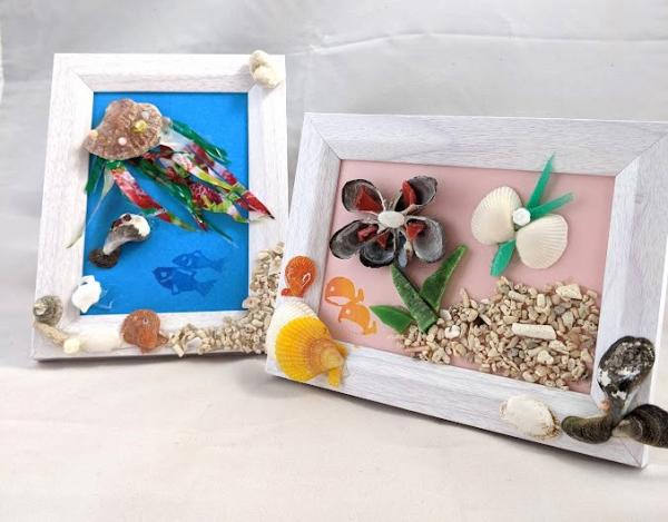 「冬休み海の環境教室」で作る「マイクロプラスチックnearアートと貝ランプ」（写真提供：NPO法人すぎなみ環境ネットワーク）