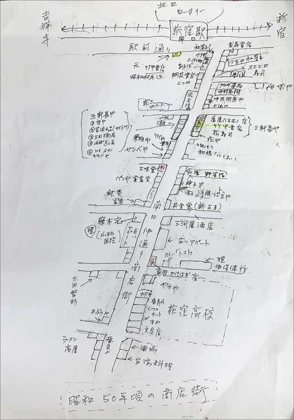 1975（昭和50）年頃の仲通りの商店街（竹中和雄さん作成）