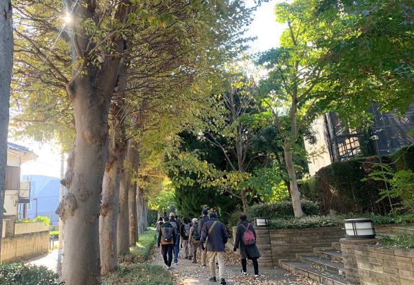 ケヤキの落ち葉を踏みしめながら柏の宮公園に向かう