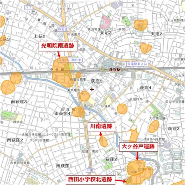 荻窪周辺の遺跡（出典：遺跡地図システム（すぎナビ）埋蔵文化財包蔵地に加筆）