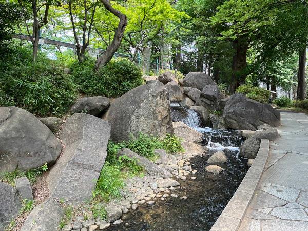一年中水遊びができる。流れの元は小さな滝のようになっている
