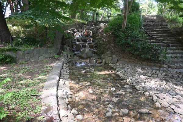 水がせせらぐ夏の流れ。岩場を登ったり降りたり元気に遊べる
